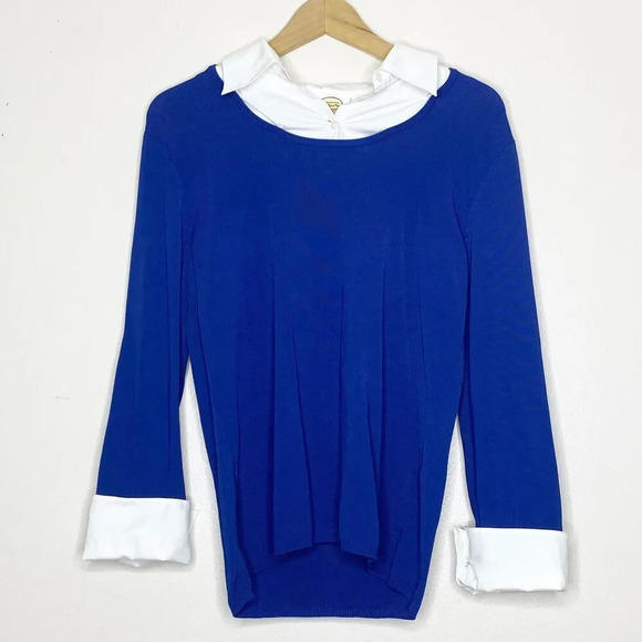 Talbots Blue White White Faux Layered Sweater Blouse Size L Long Sleeve Cuffs - Picture 1 of 11